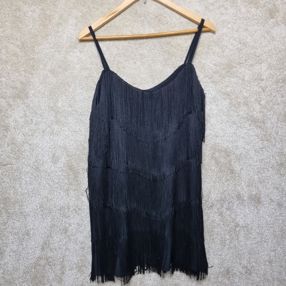Zara Fringe Dress L 12 Flapper 1920s Black Party Fancy Dress Knee Length - Picture 2 of 10